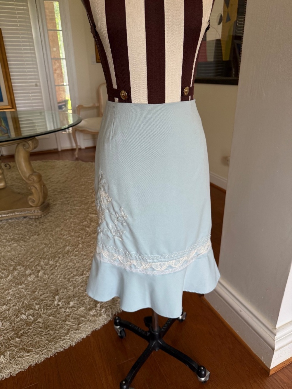 Oscar De La Renta Womens Blue Skirt Lace Floral Detail Trumpet Hem Size 12